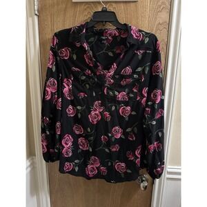 Torrid Women's Plus Harper Rose Floral Blouse Black & Pink Balloon Sleeve Top 2X